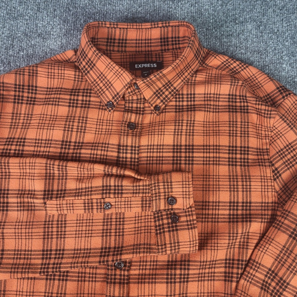 Express Mens Orange Black Plaid Flannel Button Down Shirt Size M 90291761